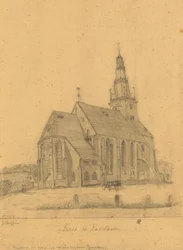 Zeichnung der alten Kirche von Farmsum vor dem Abriss des Turms im Jahr 1855 (und der Kirche im Jahr 1869)